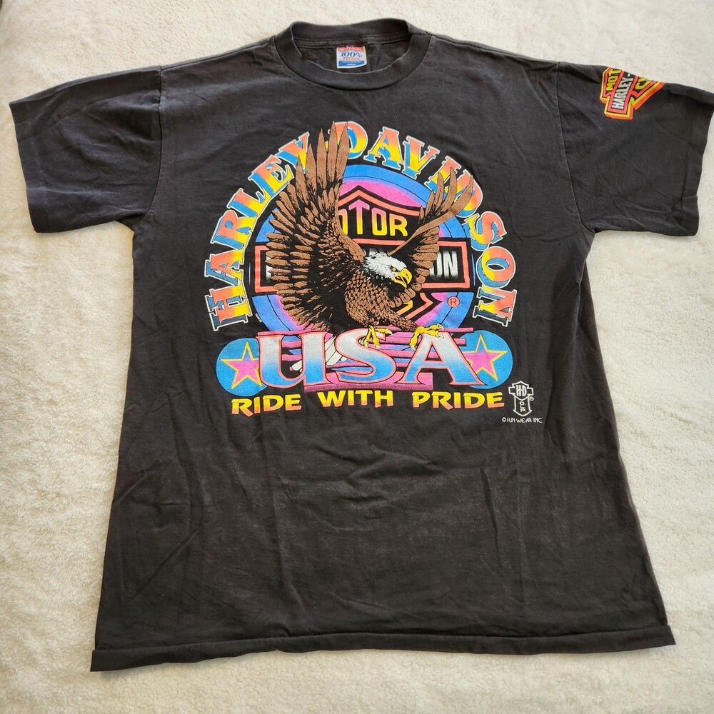 Vtg Harley-Davidson Men's L Rare Neon Print Ride With Pride Fun Wear Black Tee